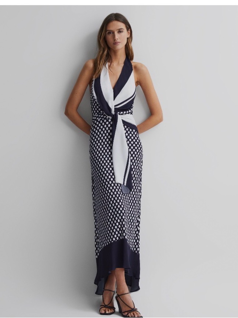 Reiss Navy and White Polka Dot Halter Maxi Dress 8 - wedding guest!